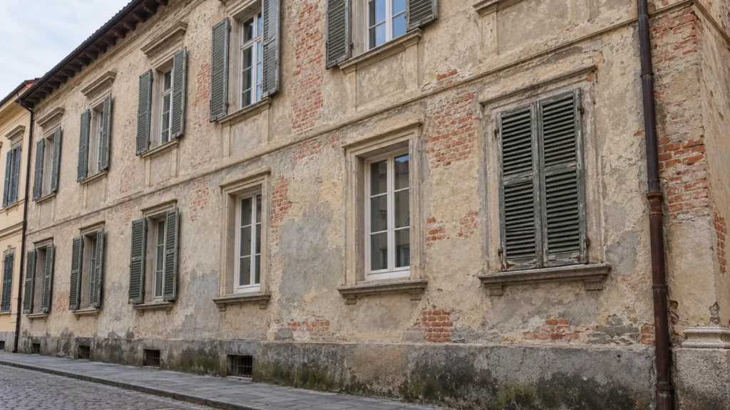 Facciata di un palazzo storico con intonaco ammalorato, mattoni a vista, cornici in pietra e persiane verdi