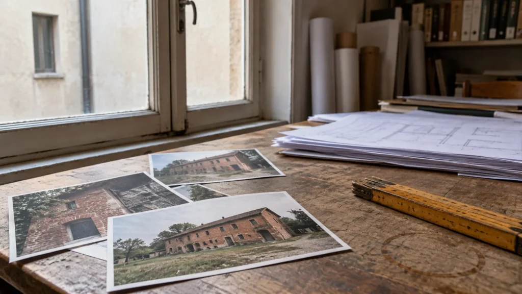 Fotografie di una cascina in mattoni e tavole di progetto su un tavolo di lavoro
