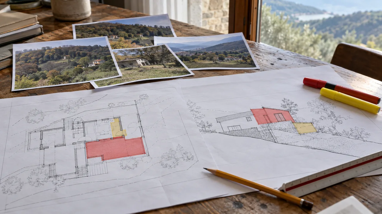 Tavole di progetto con coloriture rosso e giallo per una relazione paesaggistica ordinaria