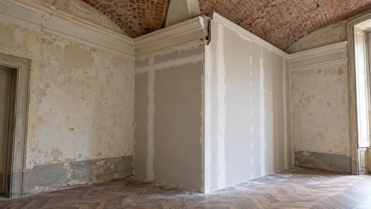 Tramezzo in cartongesso che interrompe una cornice in stucco sotto una volta in mattoni