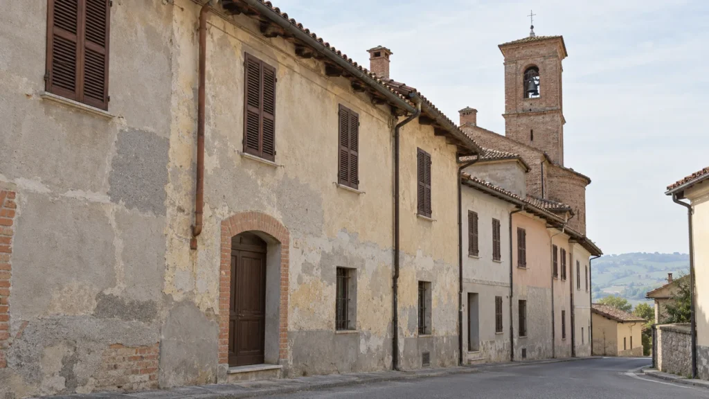 Case intonacate di un borgo del Roero con il campanile in mattoni della chiesa dietro i tetti